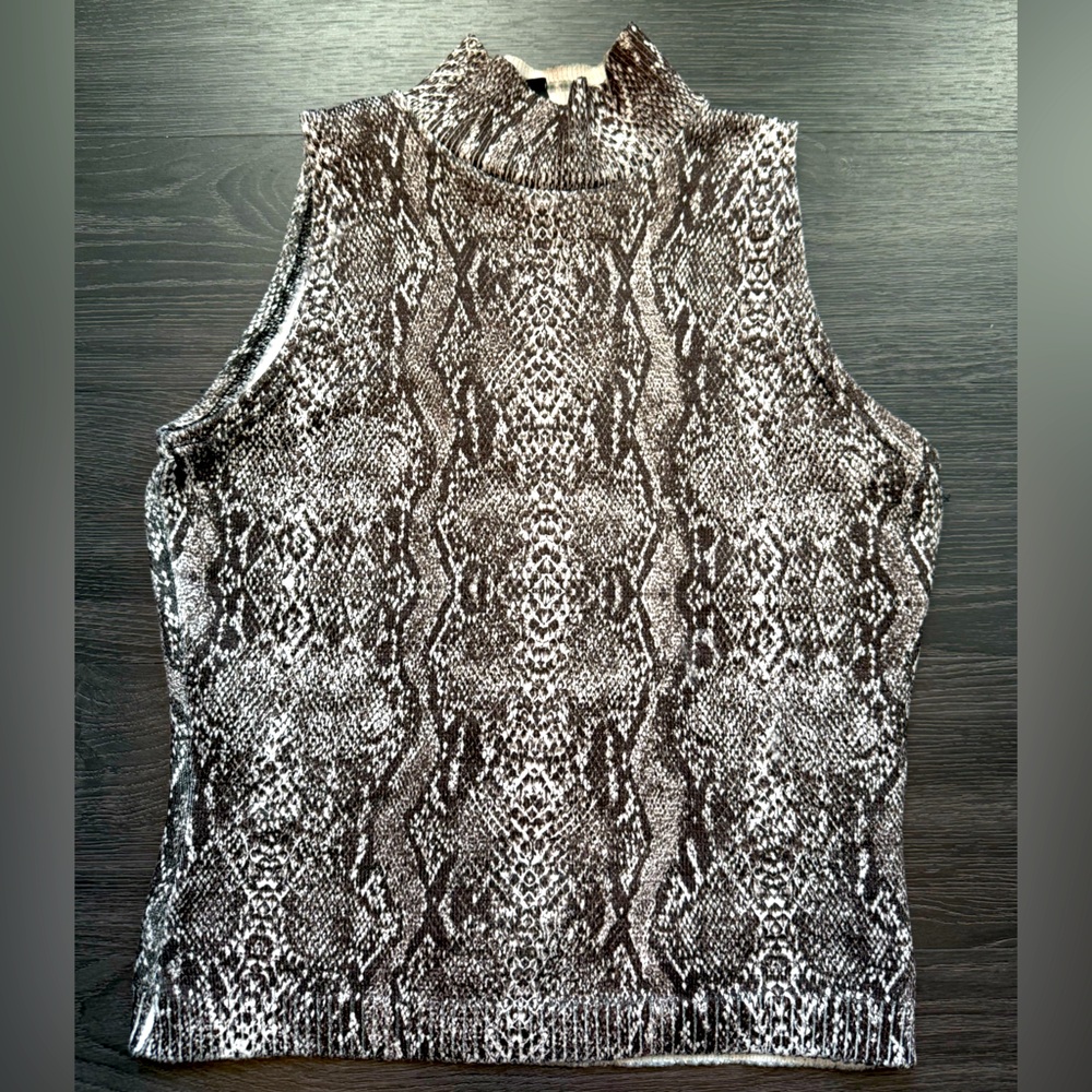 Snake Print Sleeveless Mock Neck Knit Top Size Medium Brown & Cream Office Wear - Picture 3 of 3